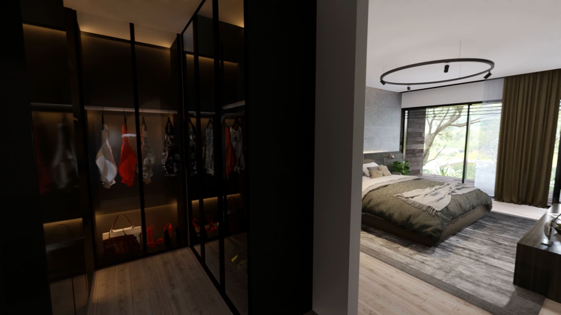 Walk-in closet im Schlafzimmer, begehbarer Kleiderschrank, Luxusimmobilie